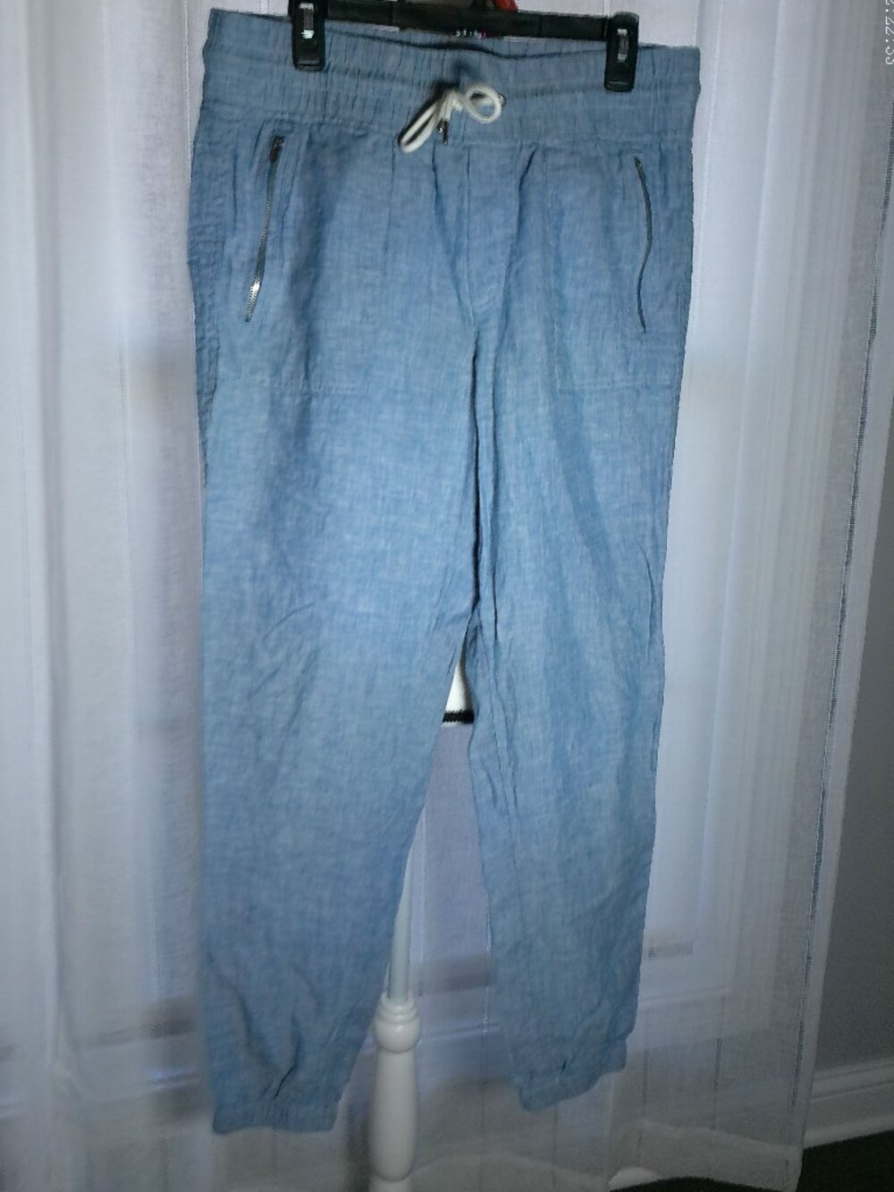 ATHLETA Joggers w/Pockets Linen Pull-On w/Drawstring Zip Blue NWOT 12